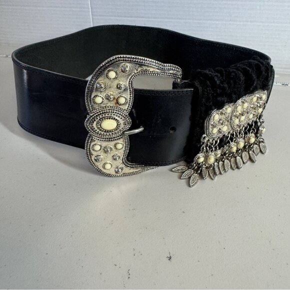 Vintage Doppia Vita Black Wide Leather Belt w/ Metal Beaded Buckle & Tassel main image 7